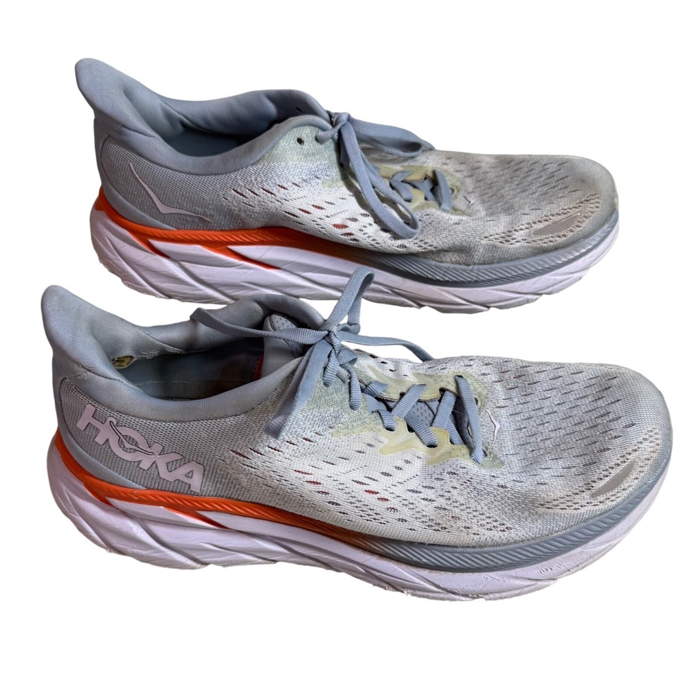 Hoka Clifton 8 Light Blue Green Grey Orange Running Shoes Sneakers - Size 10.5